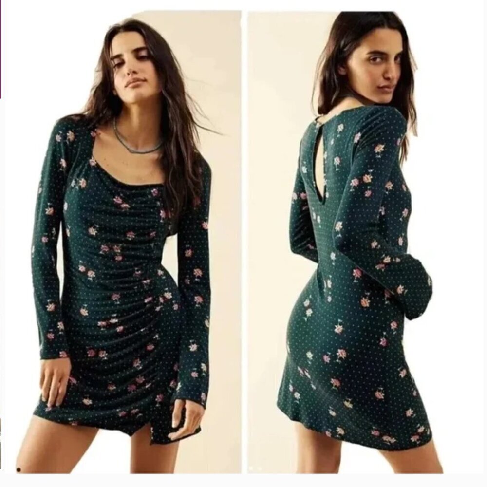 Free People Celia Mini Dress Long Sleeve Stretch Floral Green New Size Small